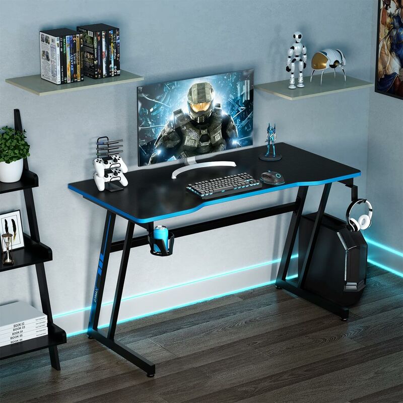 Costway - 119cm Gaming Tisch Z-foermig, Computertisch mit Getraenkehalter, Kopfhoererhaken, Gamepad-Halterung, Ergonomischer Schreibtisch,