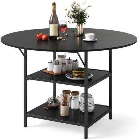 COSTWAY 120 CM Round Dining Table for 4-6 Mid-Century Modern Kitchen Table with 2-Tier Storage Shelf-Black