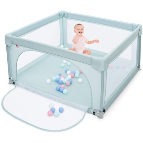 COSTWAY 120 x 120cm Baby Laufstall mit 50 Spielbaellen, Laufgitter mit atmungsaktivem Netz und Reissverschluss, Krabbelgitter mit Tür, Laufgitterzelt für Saeuglinge und Kleinkinder Blau