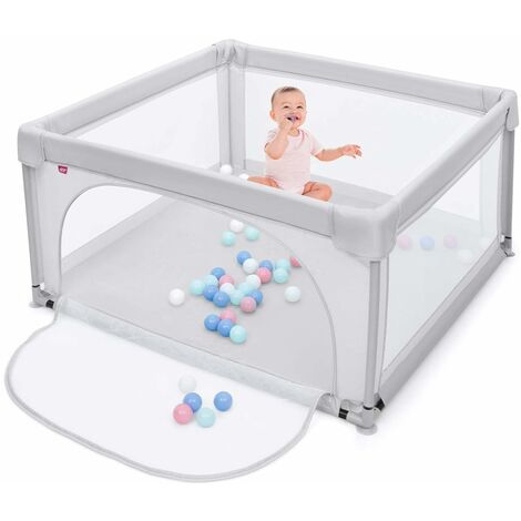 COSTWAY 120 x 120cm Baby Laufstall mit 50 Spielbällen, Laufgitter mit atmungsaktivem Netz und Reißverschluss, Krabbelgitter mit Tür, Laufgitterzelt für Säuglinge und Kleinkinder Grau