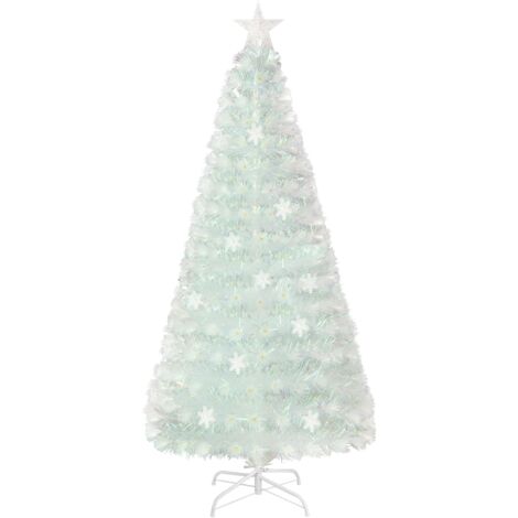 COSTWAY 120cm Árbol de Navidad Artificial Blanco, Hojas Iridiscentes, Árbol de Navidad de Fibra Óptica Preiluminado, 18 Luces LED de Copos de Nieve, Decoración Navideña para Oficina y Hogar