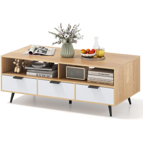 COSTWAY 120cm Center Table Coffee Table with Storage-Natural
