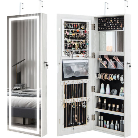 COSTWAY 120cm LED Mirror Jewelry Cabinet Hanging Jewelry Organizer Mirror White