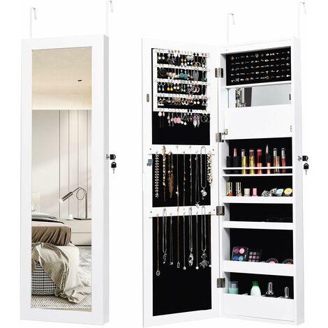 COSTWAY 120cm Schmuckschrank mit Ganzkörperspiegel und eingebautem Schminkspiegel, Schmuck Spiegelschrank für Ringe, Kettenhaken und Ohrringe weiß