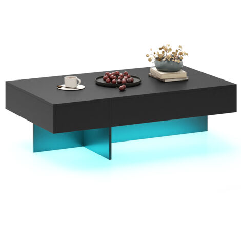 COSTWAY 120x70x35cm Rectangular Coffee Table with LED Lights 3 Drawers High-Gloss Black
