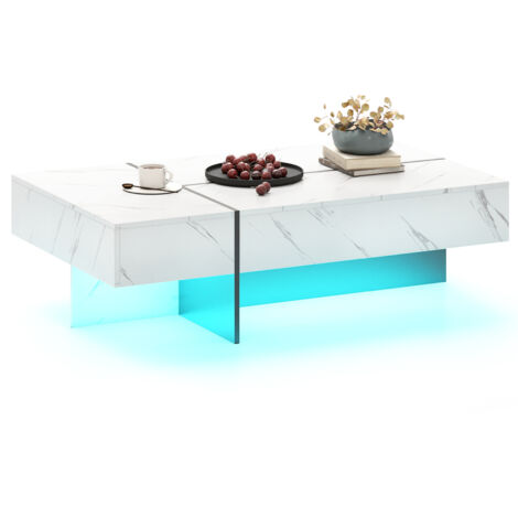COSTWAY 120x70x35cm Rectangular Coffee Table with LED Lights 3 Drawers High-Gloss White
