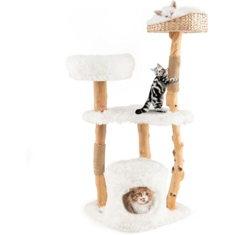 COSTWAY 124cm Árbol de Madera Maciza para Gatos, Torre para Gatos con Postes de Sisal, Condominio, Plataformas, Centro de Actividades de Múltiples Niveles para Gatos