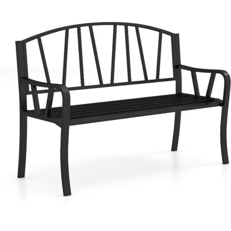 COSTWAY 129CM Metal Garden Bench Patio Slatted Bench for 2-3 People-Black
