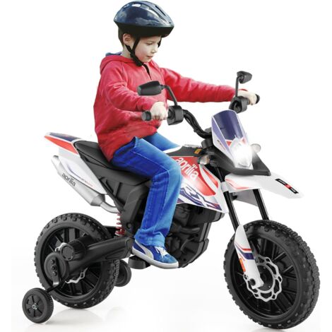COSTWAY 12V Aprilia Moto Electrica Niños, Motocicleta eléctrica para niños con 2 Ruedas de Soportes, Motos Eléctricas Infantiles con música, función inalámbrica, para Niños de 3-8 Años (Blanco)