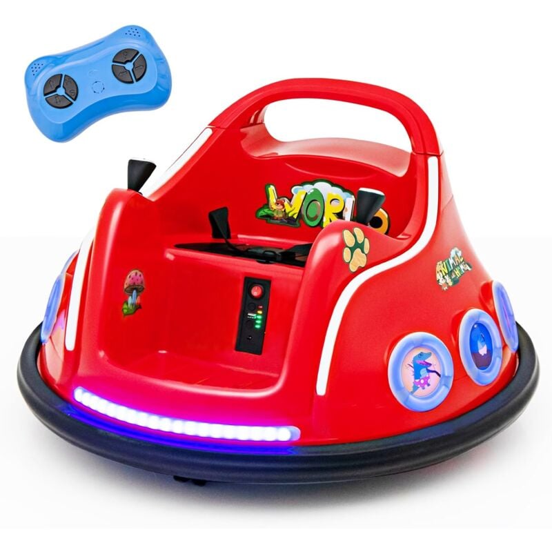 12V Auto Tamponneuse Électrique Enfants avec Télécommande 2,4G, Voiture Tournante Bébé 360°avec Lumières Clignotantes & Musique, Motif d'Animé,