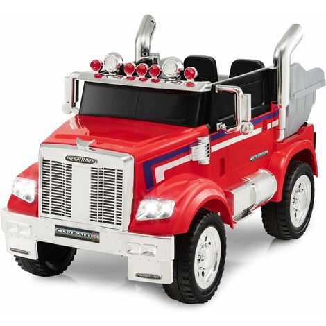 COSTWAY 12V Camión con Volquete para Niños Optimus Prime, Tractor Eléctrico para Niños con 2.4G Control Remoto, Música, Arranque Suave, Vehículo de Juguete para Niños y Niñas (Rojo)