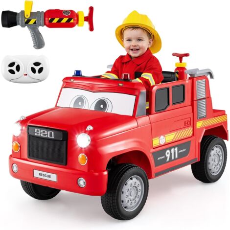 COSTWAY 12V Camion de Pompier Électrique Enfant avec Pistolet à Eau & Télécommande, Voiture Électrique Enfants avec Musique & Alarme & Lumières Clignotantes, Charge 30 kg, 2-5 km/h, 3+ Ans