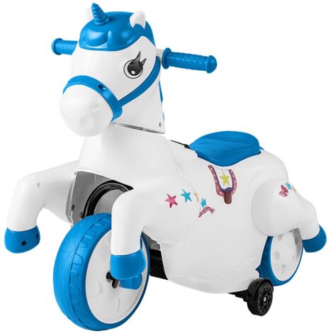 COSTWAY 12V Giocattolo Unicorn a Cavallo, Macchina Cavalcabile con Ruote di Addestramento Modalità di Equitazione, Musica Panello LED, Cavallo a Motore per Bambini 3 Anni+ (Blu)