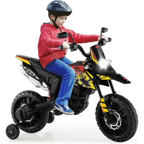 COSTWAY 12V Kinder Elektro Motorrad mit Stützrädern, Aprilia Kindermotorrad mit Musik und Scheinwerfer, 5,5-6 km/h, geeignet für Kinder von 3 bis 8 Jahren (Schwarz)
