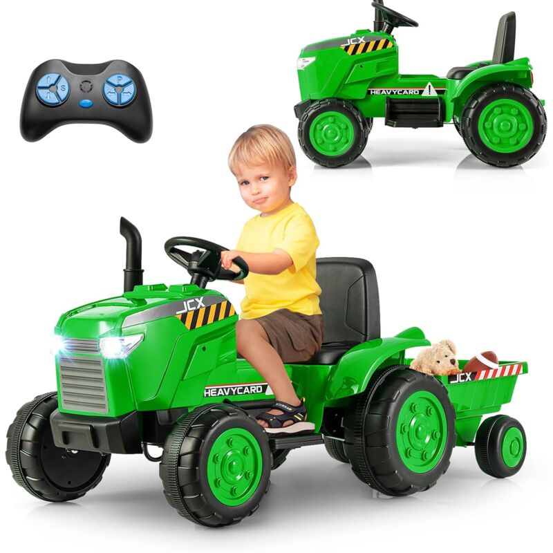 12V Tracteur Électrique Enfant avec Remorque Amovible & Télécommande, Voiture Électrique à 6 Pneus avec Lumière led & Musique & Cheminée,