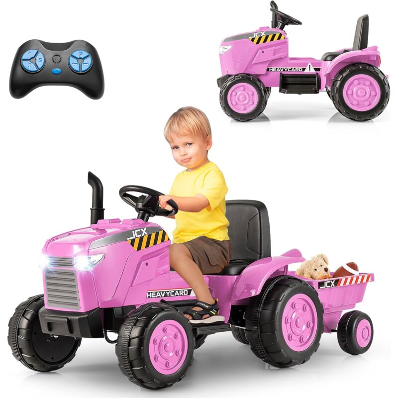 12V Tracteur Électrique Enfant avec Remorque Amovible & Télécommande, Voiture Électrique à 6 Pneus avec Lumière led & Musique & Cheminée,