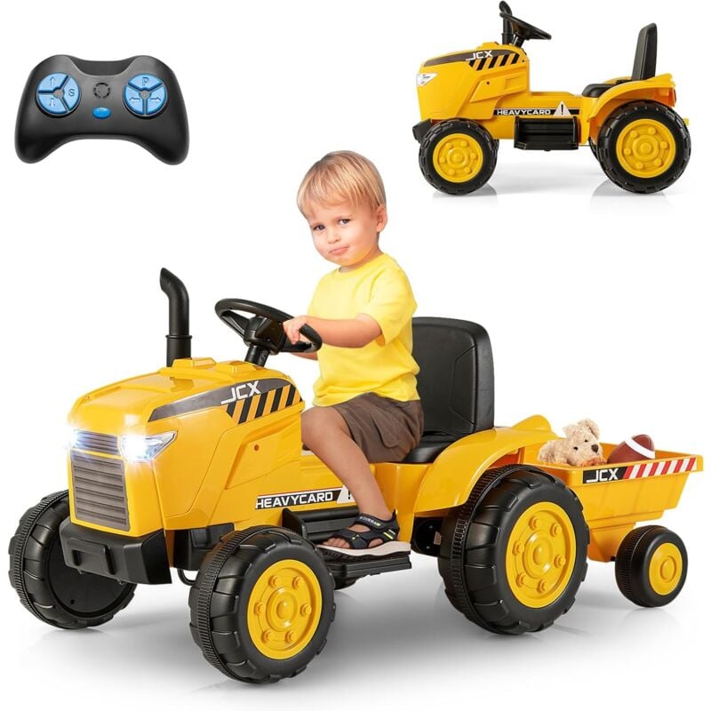 COSTWAY 12V Tracteur Électrique Enfant avec Remorque Amovible & Télécommande, Voiture Électrique à 6 Pneus avec Lumière LED & Musique & Cheminée,