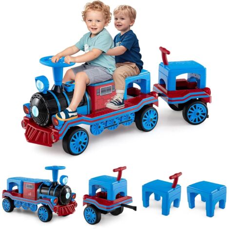 COSTWAY 12V Train Porteur Électrique Enfant 3 Places avec 2 Sièges Amovibles, 1 Locomotive & 1 Wagon, Voiture Porteur Enfant avec Lumières & Sifflet & Musique, Charge 75 kg, 3-8 Ans (Bleu)