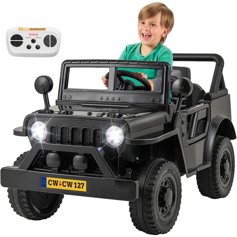 12V Voiture Électrique Enfant avec Télécommande & Volant, Véhicule Électrique à 4 Pneus avec Lumières led & Musique & Klaxon, Démarrage Lent,