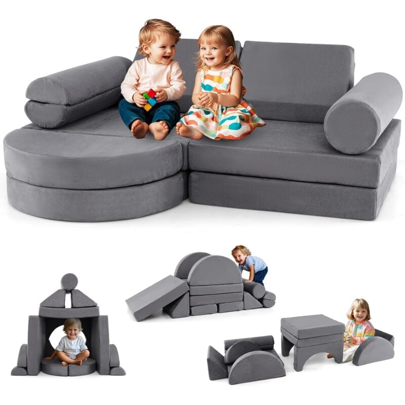 Costway - 13 pcs Canapé Enfant Convertible en Suède Velours, Canapé Modulaire 2 Places en Mousse avec Housse Amovible, Fauteuil Enfant pour Garçons