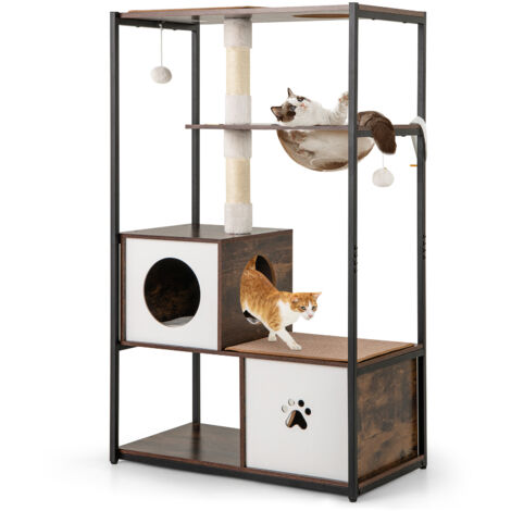 COSTWAY 131CM Tall Wooden Cat Tree w/2 Condos & Sisal Scratching Posts Coffee