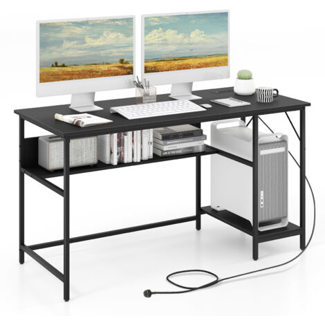 COSTWAY 140 x 60 CM Computer Desk w/ Charging Station & 4 Power Outlets-Black