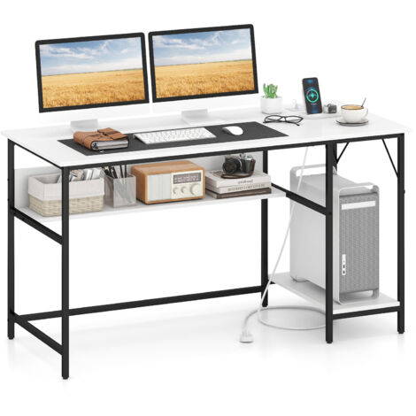 COSTWAY 140 x 60 CM Computer Desk w/ Charging Station & 4 Power Outlets-White