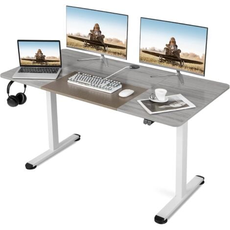 COSTWAY 140 x 70 cm Elektrischer Schreibtisch höhenverstellbar, Stehschreibtisch mit Stopp-Mechanismus, inkl. mit Kabelhaterung & Haken, Computertisch für Homeoffice und Büro Grau