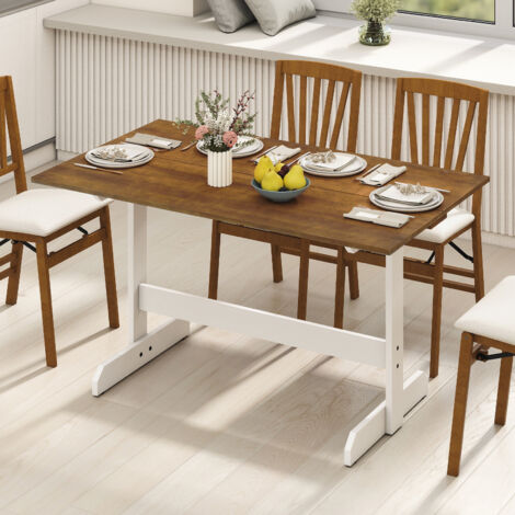 COSTWAY 140cm Rectangular Wooden Dining Table Set with 2 Piece Top Sturdy Kitchen Table Walnut