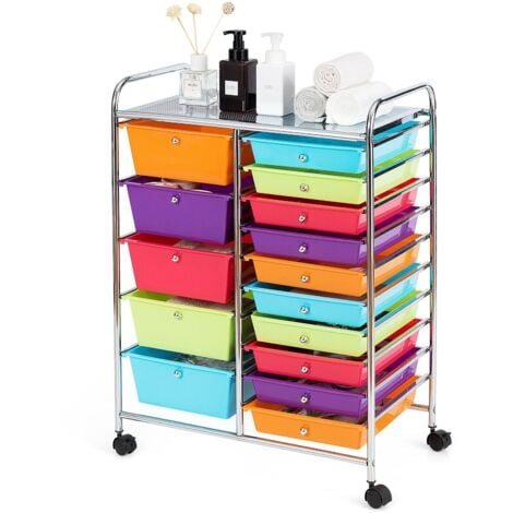 COSTWAY 15 Drawers Storage Trolley Mobile Rolling Utility Cart Office Organizer