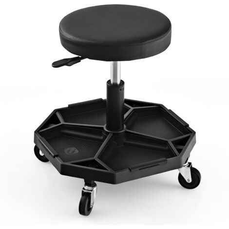 COSTWAY 150 KG Capacity Pneumatic Rolling Mechanic Stool w/Tool Tray-Black