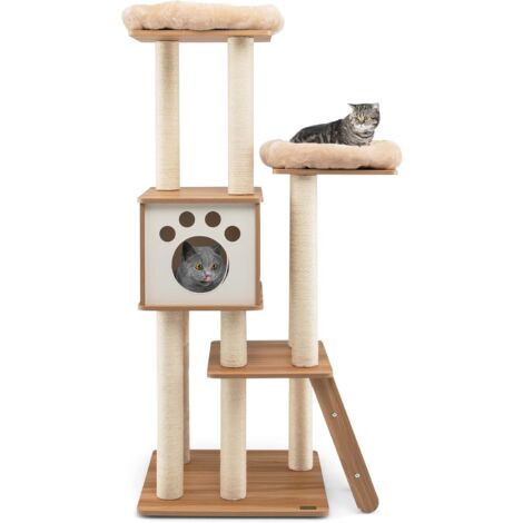 COSTWAY 157cm Katzenbaum 5-stoeckig, Katzenkratzbaum mit Hoehle & 2 Matten & Rampe & Kratzsaeulen, Mehrschichtiger Kratzbaum Holz, Katzenmoebel Katzen Spielhaus, Aktivitaetsbaum Beige