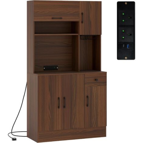 COSTWAY 167cm Tall Pantry Cabinet Kitchen Storage Cabinet w/Power Outlets-Walnut