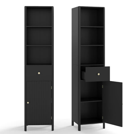 COSTWAY 170cm Tall Bathroom Cabinet Narrow Floor Cabinet w/Fluted Door-Black