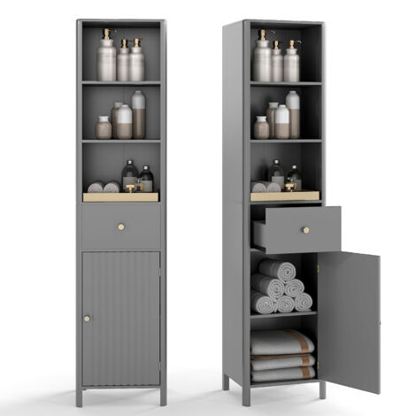 COSTWAY 170cm Tall Bathroom Cabinet Narrow Floor Cabinet w/Fluted Door-Grey