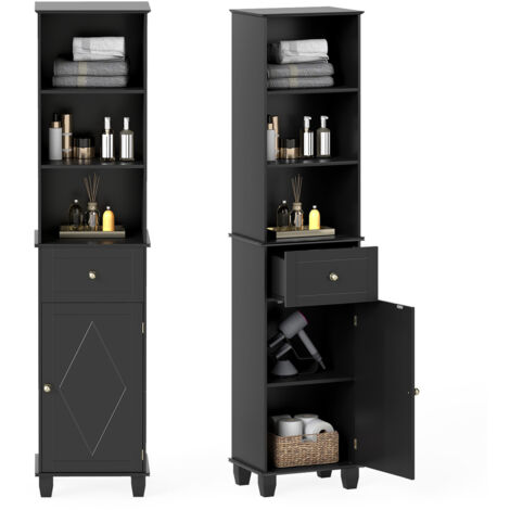 COSTWAY 172cm Tall Bathroom Cabinet Narrow Floor Cabinet w/3 Open Shelves-Black
