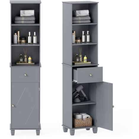 COSTWAY 172cm Tall Bathroom Cabinet Narrow Floor Cabinet w/3 Open Shelves-Grey