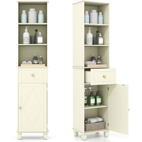 COSTWAY 172cm Tall Bathroom Cabinet Narrow Floor Cabinet w/3 Open Shelves-White