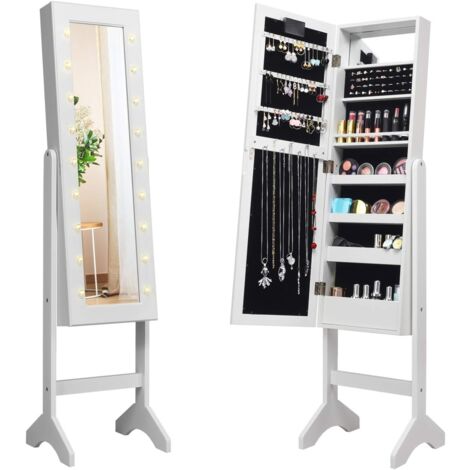 COSTWAY 18 LED-Schmuckschrank neigungsverstellbar, Schmuckregal mit Ganzkoerperspiegel und kleinem Schminkspiegel, Schmuck Spiegelschrank fuer Makeup Weiss