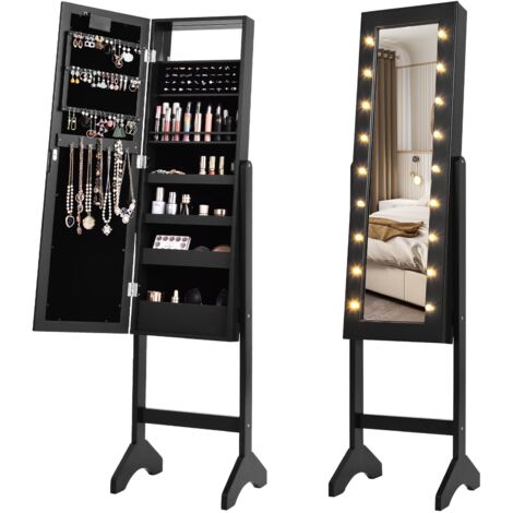 COSTWAY 18 LEDs Jewelry Cabinet Floor Standing Jewelry Storage Organizer Black