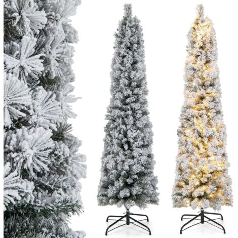 COSTWAY 180 cm Bleistift Weihnachtsbaum mit Schnee, Tannenbaum künstlich mit Beleuchtung, 150 LEDs in warmweiß, Christbaum schmal mit Metallständer, Kunstbaum Weihnachten PVC, Weiß