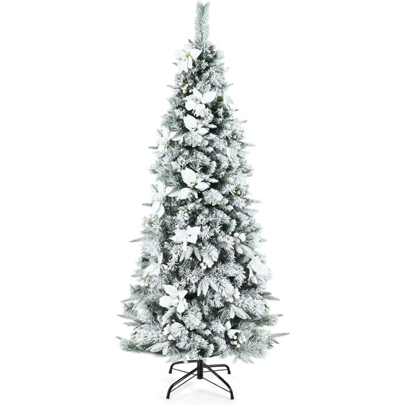 

180 cm Árbol de Navidad Artificial Nevado Fino, Árbol con Bayas Blancas y Estrellas de Navidad, Base de Metal Plegable (180 cm) - Costway