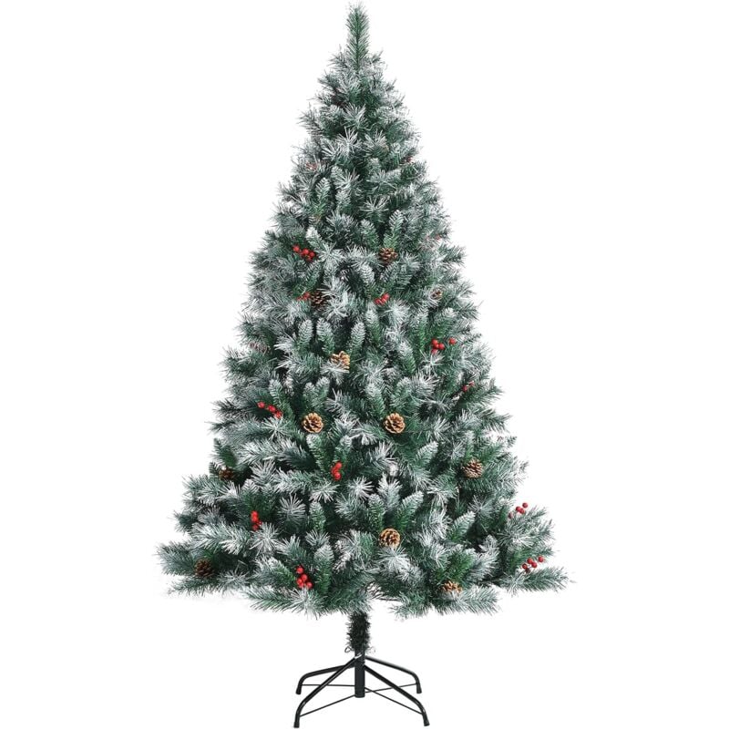 

180 cm Árbol de Navidad Artificial, Árbol de Navidad Nevado con Piñas y Bayas Rojas y Base Pegable de Metal - Costway