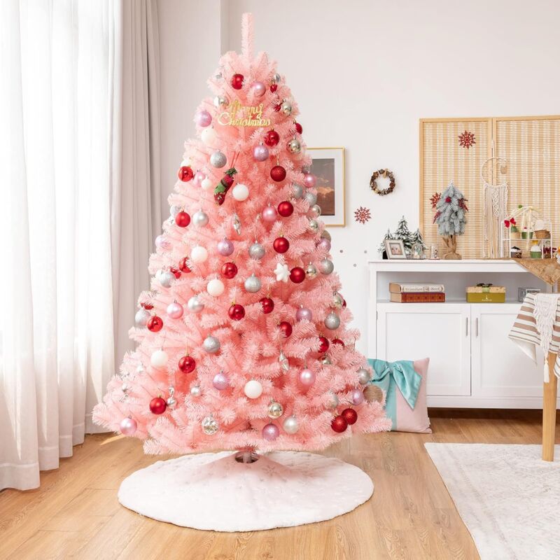 

180 cm Árbol de Navidad Rosa Artificial, Árbol de Bisagra con 1036 Ramas, Ornamentos Rosas, Base Plegable de Metal - Costway