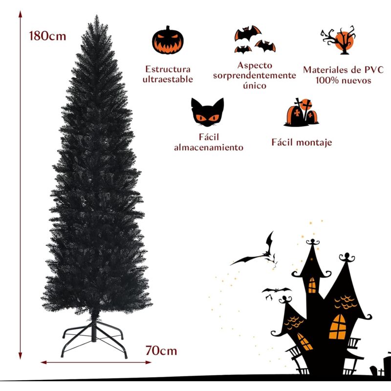 

180 cm Árbol de Navidad y de Halloween Artificial Negro, Árbol Fino con Ramas, Base Plegable de Metal, Árbol Decorativo de Bisagra - Costway