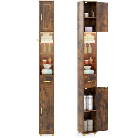 COSTWAY 180 cm Tall Bathroom Cabinet Narrow Storage Organizer w/ 3 Doors-Brown