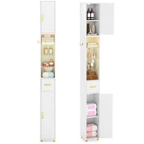 COSTWAY 180 cm Tall Bathroom Cabinet Narrow Storage Organizer w/ 3 Doors-White