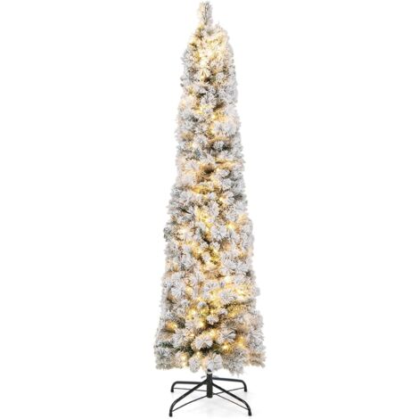 COSTWAY 180cm Árbol de Navidad Artificial, 150 Luces LED Blancas Cálidas, Árbol de Navidad en Forma de Lápiz Nevado, 373 Puntas de Rama de PE y PVC, Agujas de Pino, Navidad Decoración