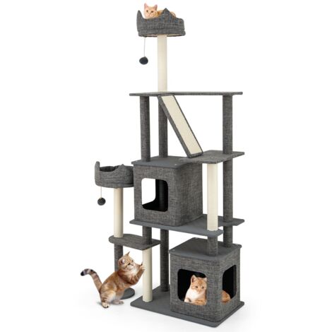 COSTWAY 180CM Tall Cat Tree Multi-Level Large Cat Tower w/ Scratching Posts-Gray
