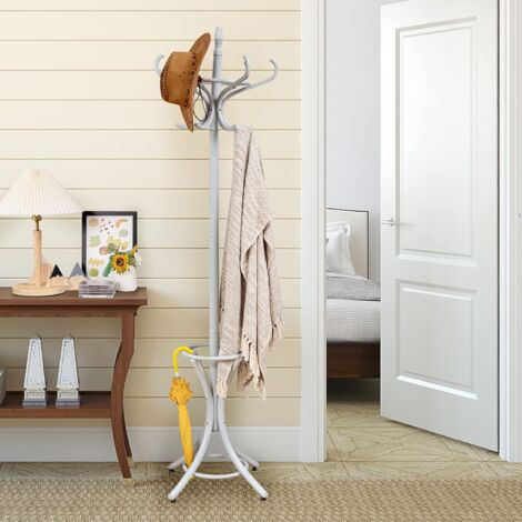 COSTWAY 184cm Garderobenständer mit Schirmhalter, Jackenständer mit 12 Kleiderhaken, Kleiderständer aus Holz, Garderobe Standgarderobe für Flur, Wohnzimmer und Schlafzimmer (Grau)